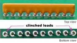 View on the bottom of the PC board after insertion multi-leaded components by CS-400E Component Locator: 10-pin SIP